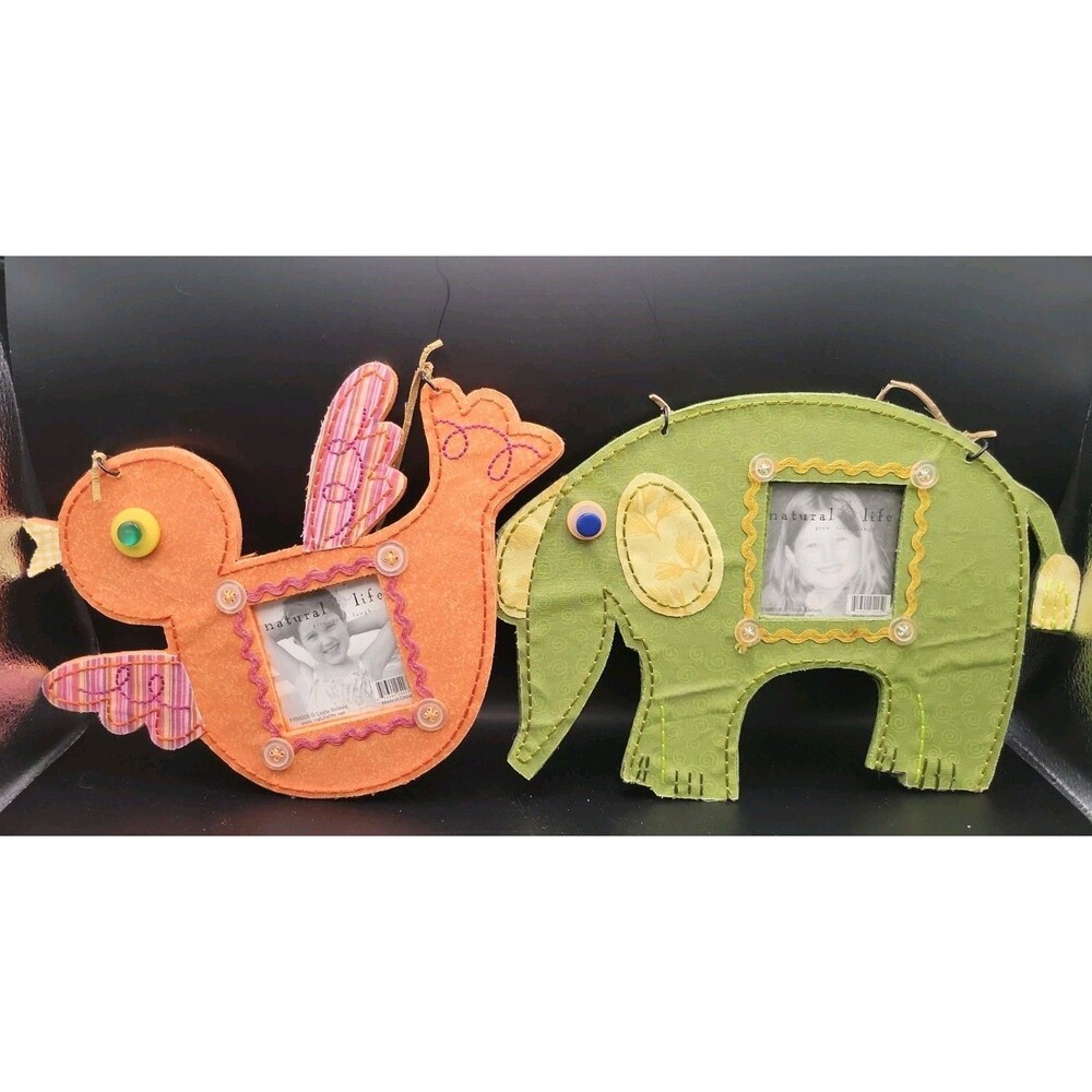 2 Natural Life Elephant & Bird Fabric Stitch Picture Frames Children’s Baby Room